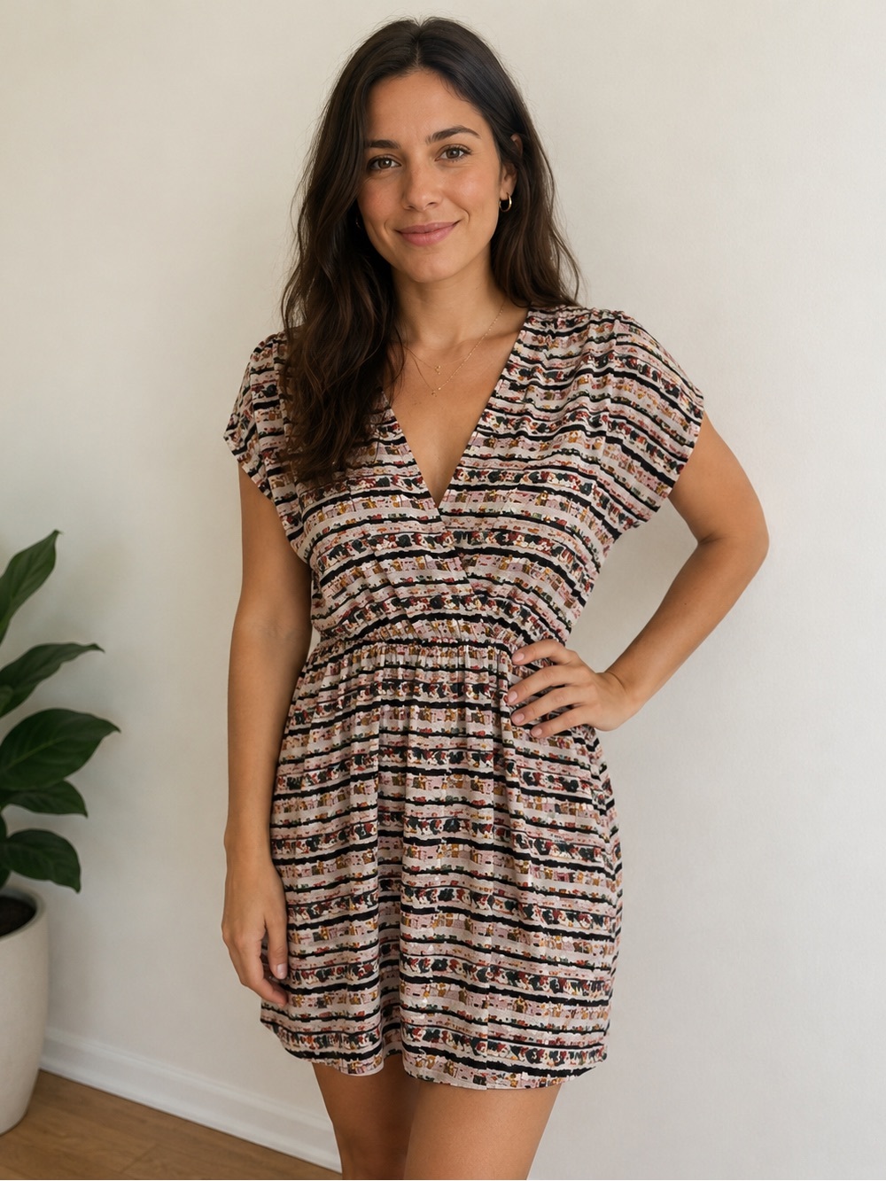 BCBG Silk Mini Dress Size XS Colorful Print Slit Parfait Watercolor Loose Fit